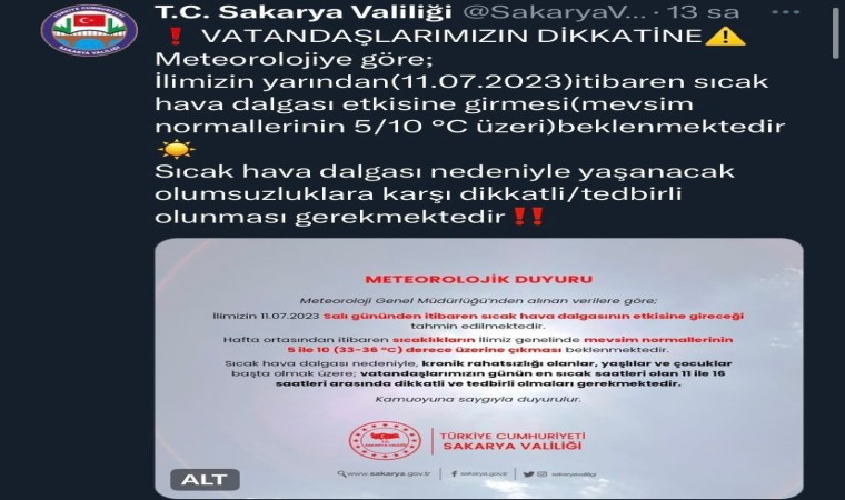 Sakarya Valiliği bu kez sıcak hava için uyardı