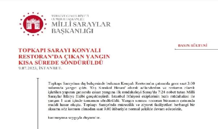 Topkapı Sarayı’nın içindeki yangın ile ilgili Milli Saraylar Başkanlığı’ndan açıklama