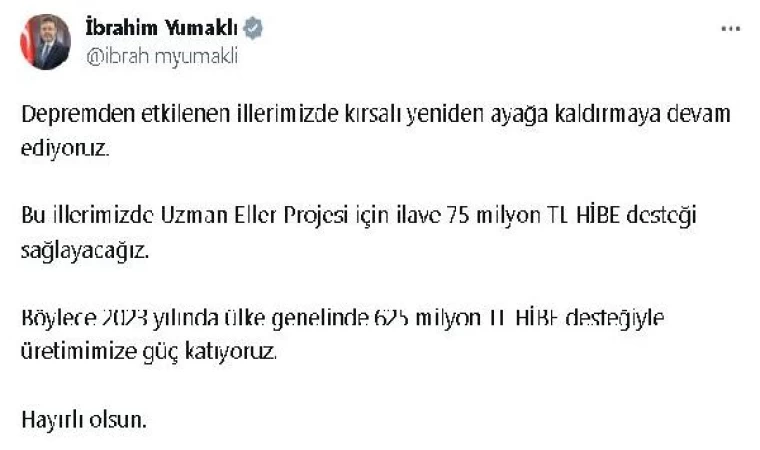 ’Uzman Eller Projesi’ne deprem bölgesi için ek bütçe verildi