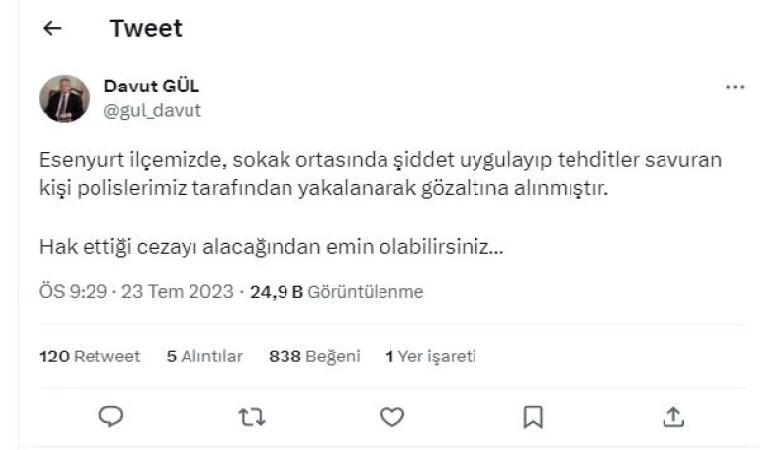 Vali Gül Esenyurt’ta sokak ortasında kadını darbederek bayıltan şüphelinin gözaltına alındığını duyurdu