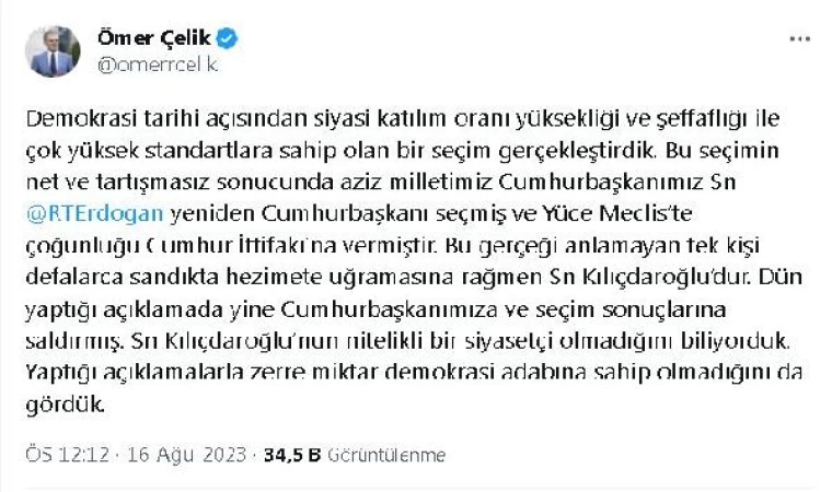 AK Parti’li Çelik: Kılıçdaroğlu, koltuğunu sağlama almak için milli iradeye saldırıyor