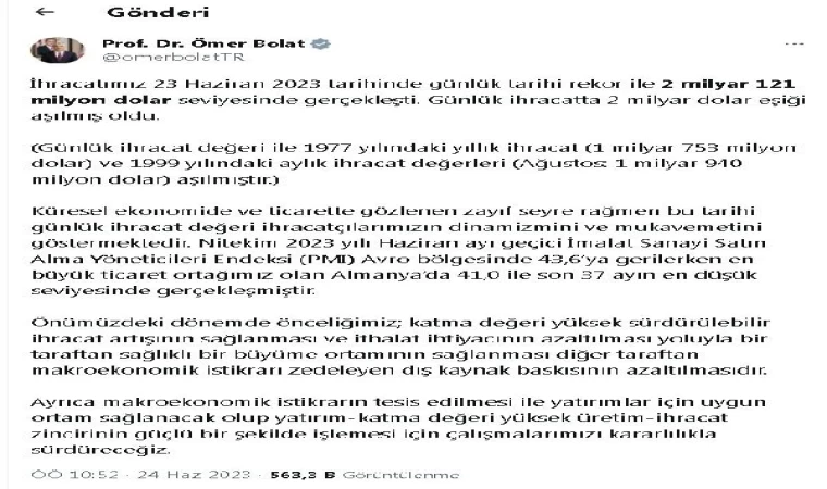 Bakan Bolat: Haziran ayında cari işlemler hesabın 20 ay sonra fazla verdi