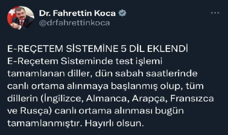 Bakan Koca: E- Reçetem sistemine 5 dil daha eklendi