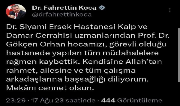 Bakan Koca: Prof. Dr. Gökçen Orhan hocamızı kaybettik