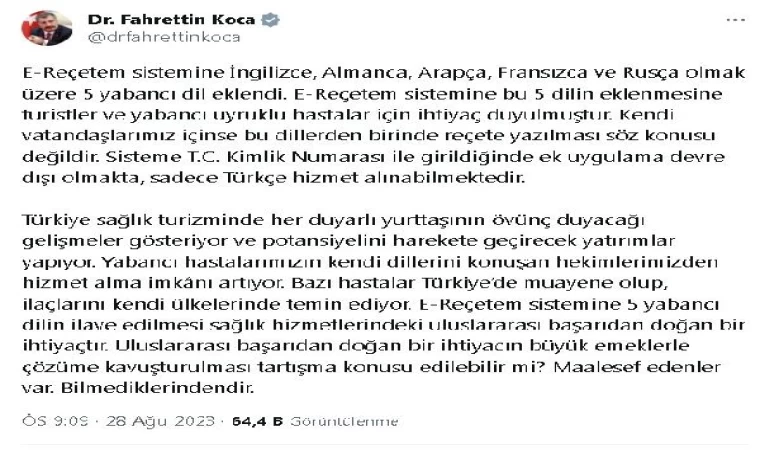 Bakan Koca’dan e-Reçetem sistemine 5 dil eklenmesine ilişkin açıklama