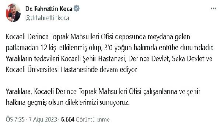 Bakan Koca: Toprak Mahsulleri Ofisi’nde meydana gelen patlamada 12 kişi etkilenmiş olup, 3’ü entübe durumdadır