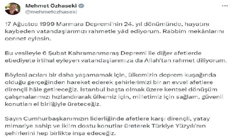 Bakan Özhaseki: Şehirlerimizi bir an evvel afetlere dirençli hale getireceğiz