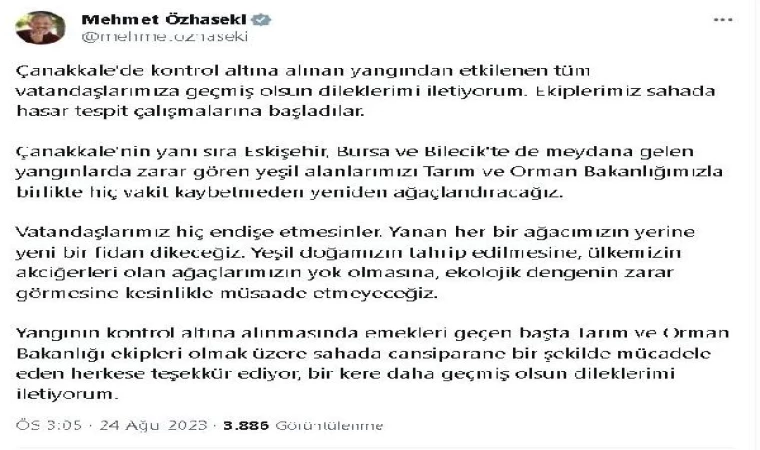 Bakan Özhaseki: Yanan her ağacımızın yerine yeni fidan dikeceğiz