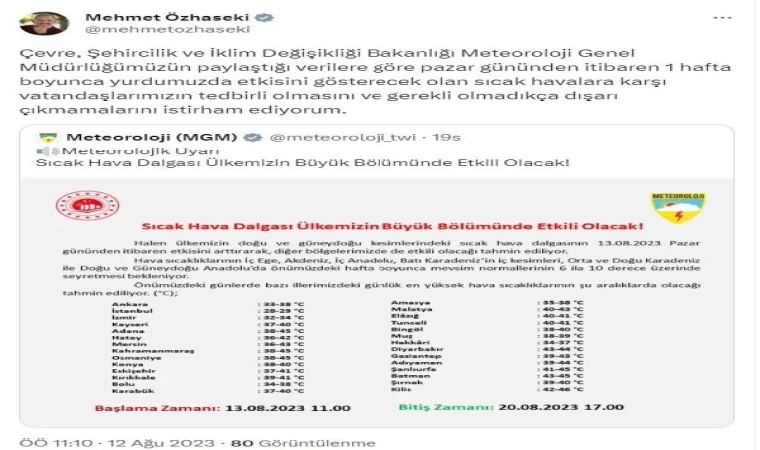 Bakan Özhaseki’den sıcak hava uyarısı