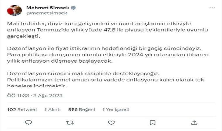 Bakan Şimşek: Enflasyon piyasa beklentileriyle uyumlu gerçekleşti