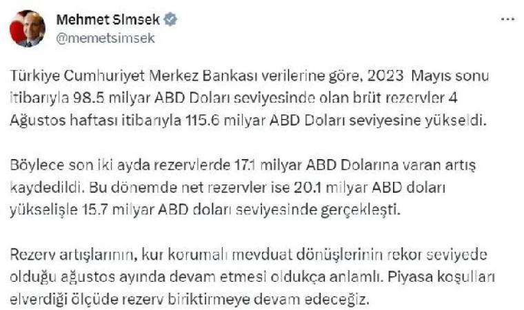 Bakan Şimşek: Son iki ayda rezervlerde 17,1 milyar ABD Dolarına varan artış kaydedildi