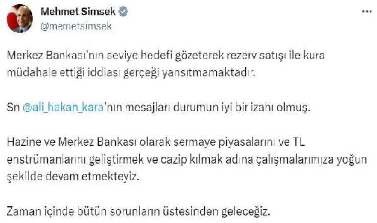 Bakan Şimşek: Merkez Bankası’nın kura müdahale ettiği iddiası gerçeği yansıtmamaktadır