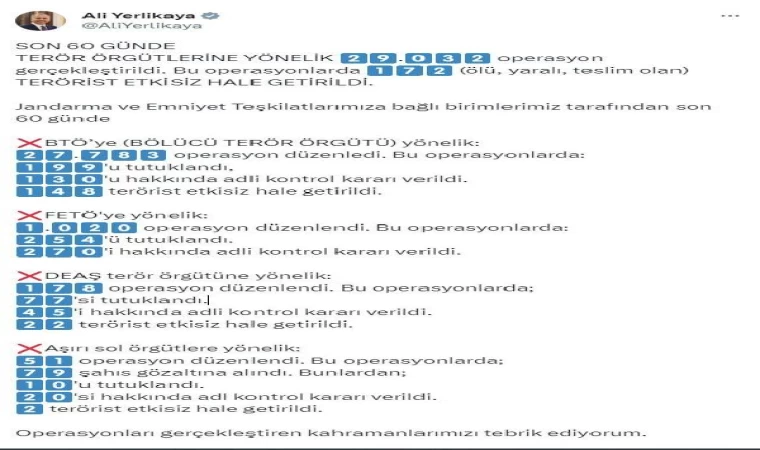 Bakan Yerlikaya: 2 ayda 172 terörist etkisiz hale getirildi
