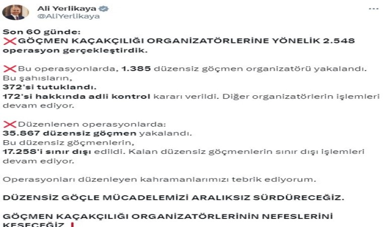 Bakan Yerlikaya: Bin 385 düzensiz göçmen organizatörü yakalandı