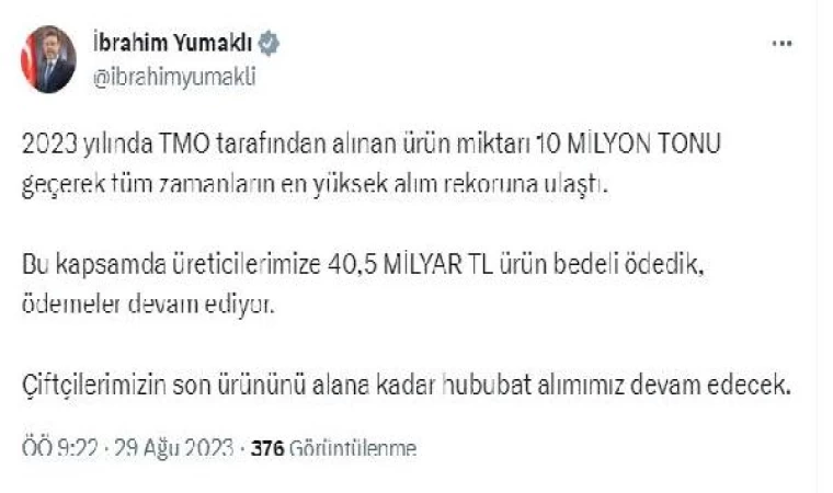 Bakan Yumaklı: TMO, en yüksek ürün alım rekoruna ulaştı