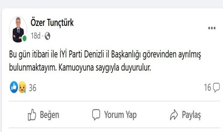 İYİ Parti İl Başkanı Özer Tunçtürk görevinden istifa etti