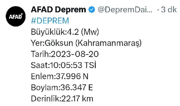 Kahramanmaraş’ta 4.2 büyüklüğünde deprem