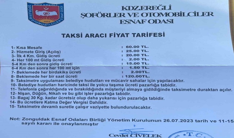 Kdz.Ereğlide taksi ücretlerine zam geldi