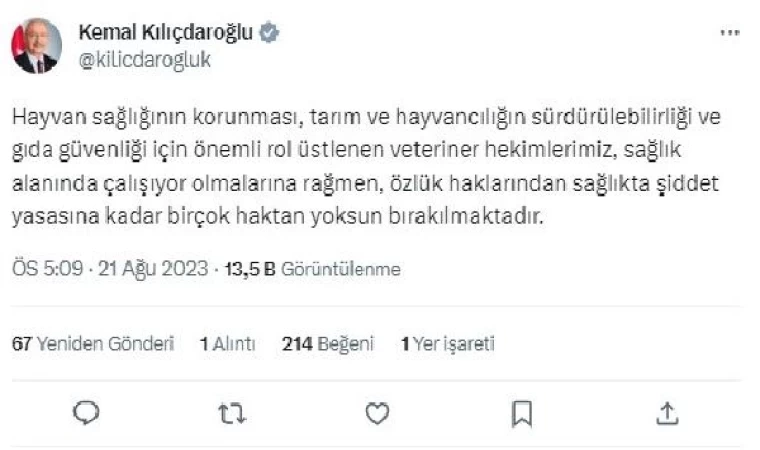 Kılıçdaroğlu: Veteriner hekimlerimizin sorunlarını çözmek için etkili adımlar atılmalı