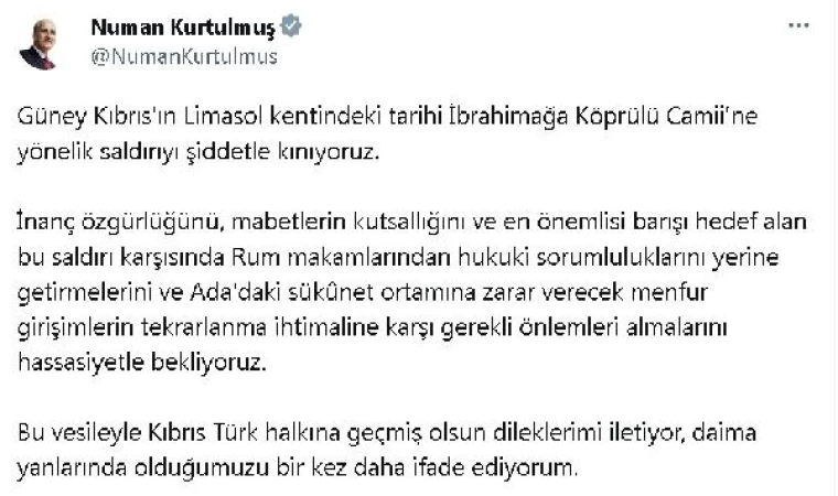 Kurtulmuş, Güney Kıbrıs’taki camiye yönelik saldırıyı kınadı