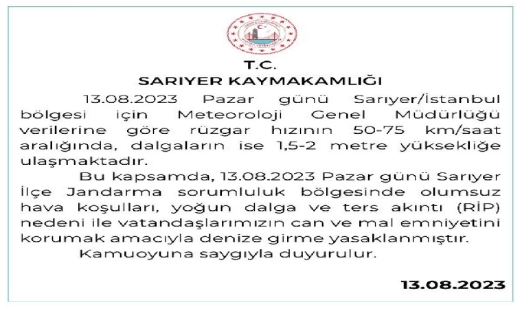 Sarıyer’de denize girmek yasaklandı