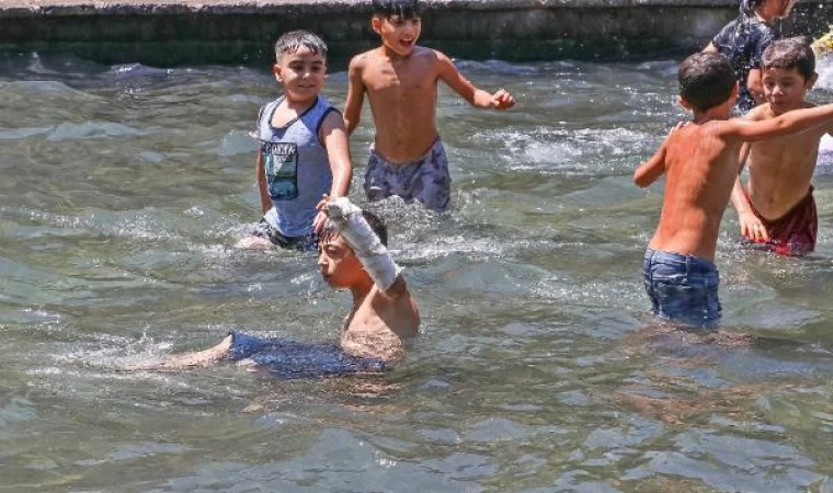 Sıcaktan bunalınca kolundaki alçıya rağmen süs havuzuna girdi