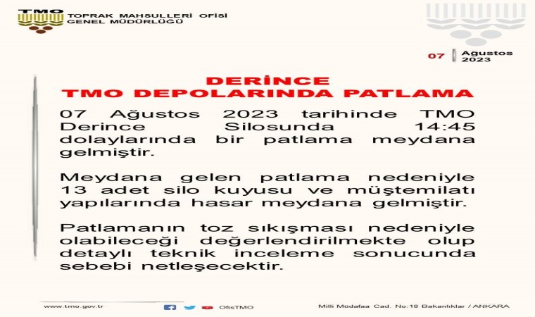 TMO: Patlamanın toz sıkışması nedeniyle olabileceği değerlendirilmekte olup, detaylı teknik inceleme sonucunda sebebi netleşecektir