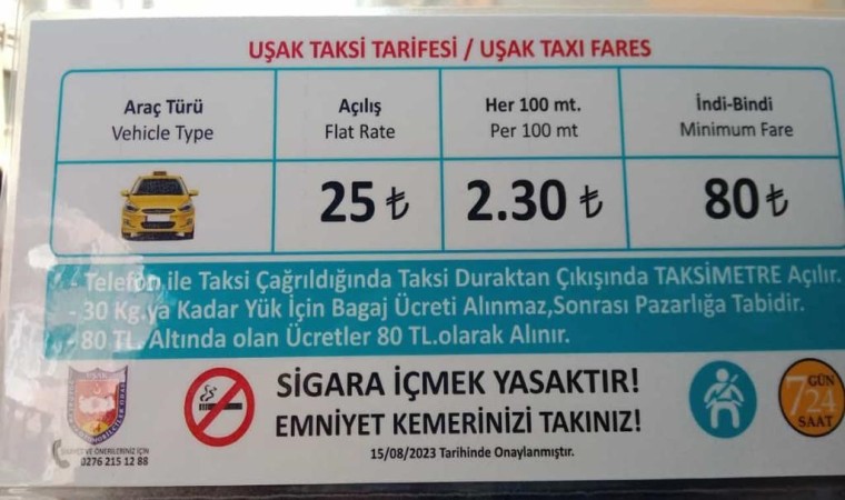 Uşakta taksi ücretlerine zam