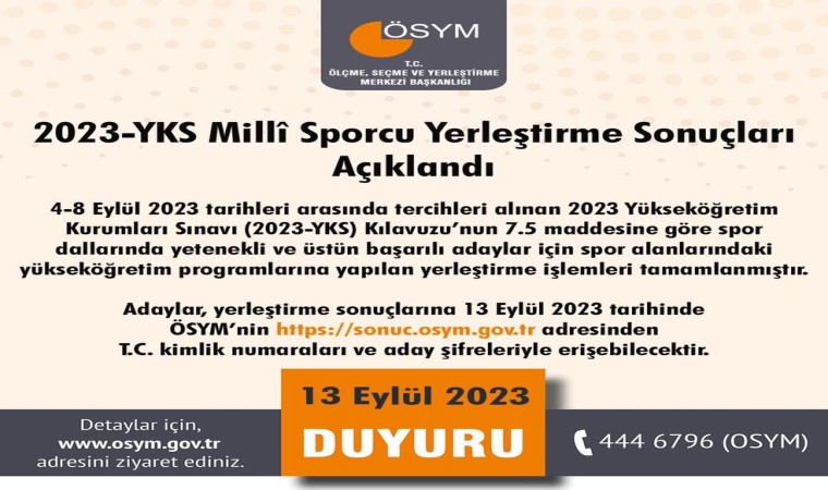 2023-YKS Milli Sporcu yerleştirme sonuçları açıklandı