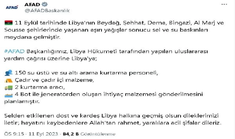 AFAD, Libya’da yaşanan sel felaketi sebebiyle yardım gönderecek