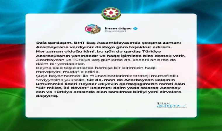 Azerbaycan Cumhurbaşkanı Aliyev’den, Cumhurbaşkanı Erdoğan’a teşekkür