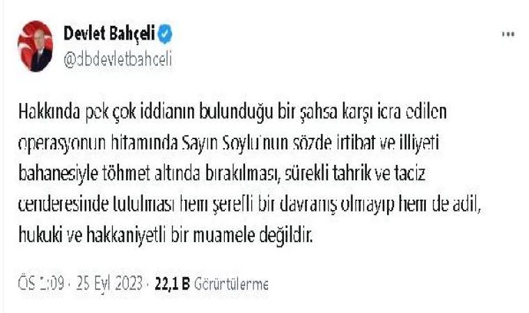 Bahçeli: MHP, Süleyman Soylu’nun sonuna kadar arkasındadır