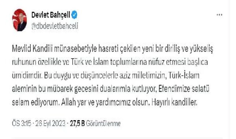 Bahçeli’den, ’Mevlit Kandili’ mesajı