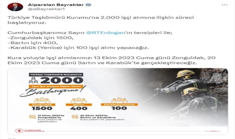 Bakan Bayraktar: TTK’ya 2 bin işçi alımı sürecini başlatıyoruz