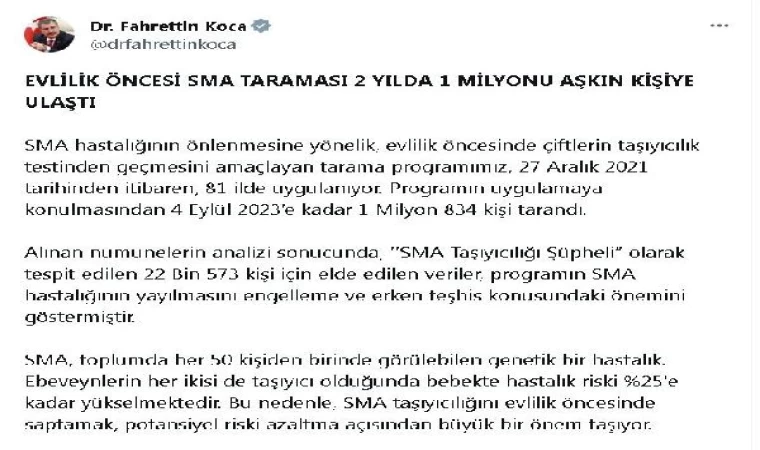 Bakan Koca: 1,8 milyon kişi evlilik öncesi SMA taramasından geçti