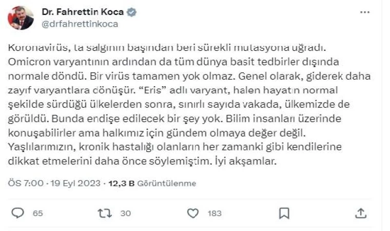 Bakan Koca: Eris, halkımız için gündem olmaya değer değil