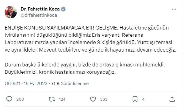 Bakan Koca: Eris varyantı 9 kişide görüldü