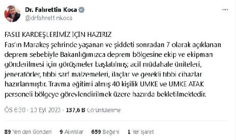 Bakan Koca: Faslı kardeşlerimiz için hazırız