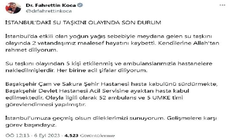 Bakan Koca: İstanbul’daki su taşkınında 2 vatandaşımız maalesef hayatını kaybetti