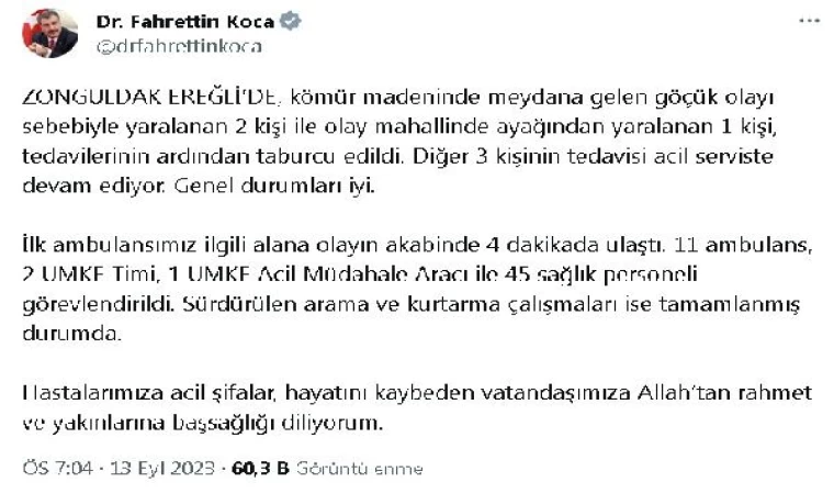 Bakan Koca: Zonguldak’ta kömür madenindeki göçükte yaralanan 6 kişiden 3’ü taburcu edildi