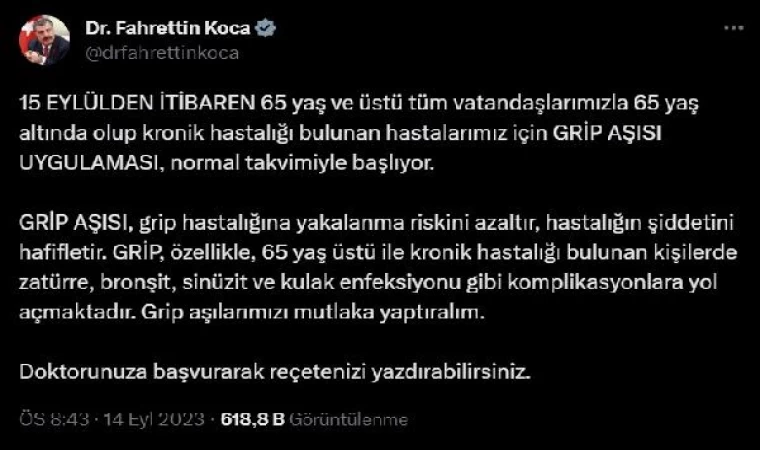 Bakan Koca: 15 Eylül’den itibaren grip aşısı uygulaması başlıyor