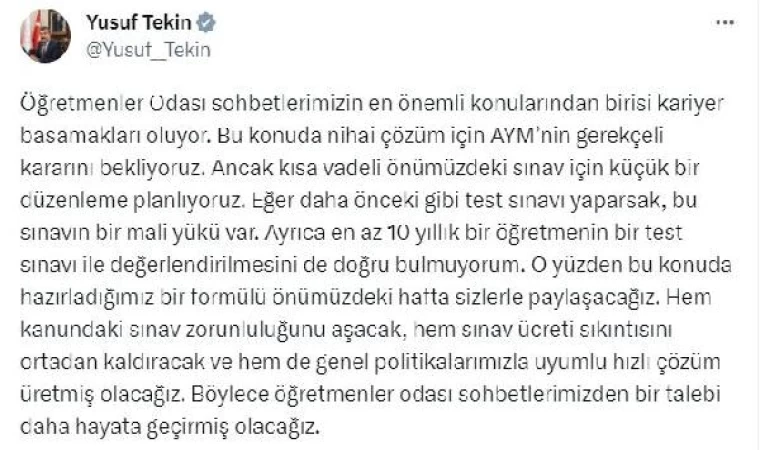 Bakan Tekin: ’Kariyer Basamakları Sınavı’ için düzenleme planlıyoruz