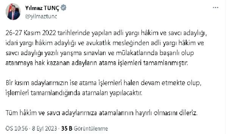 Bakan Tunç: Atanmaya hak kazanan adayların atama işlemleri tamamlandı