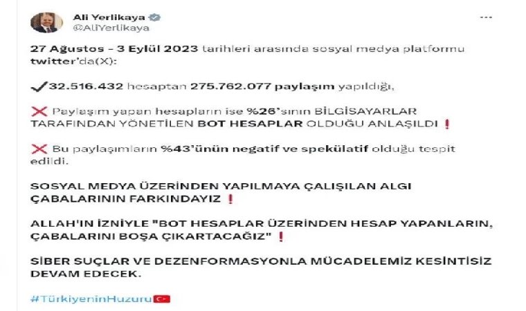 Bakan Yerlikaya: Bot hesaplar üzerinden hesap yapanların çabalarını boşa çıkartacağız