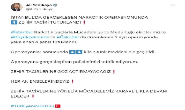 Bakan Yerlikaya: Zehir tacirlerine göz açtırmayacağız