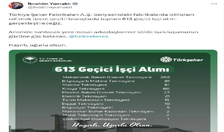 Bakan Yumaklı: 613 geçici işçi alımı gerçekleştireceğiz