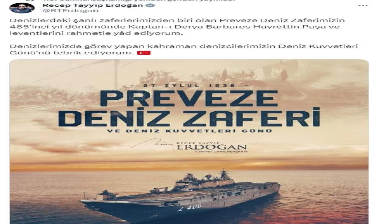 Cumhurbaşkanı Erdoğan, ’Preveze Deniz Zaferi’nin yıl dönümünü kutladı