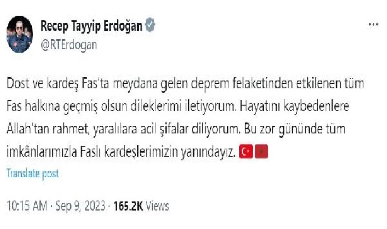 Cumhurbaşkanı Erdoğan’dan Fas depremi sonrasında taziye mesajı