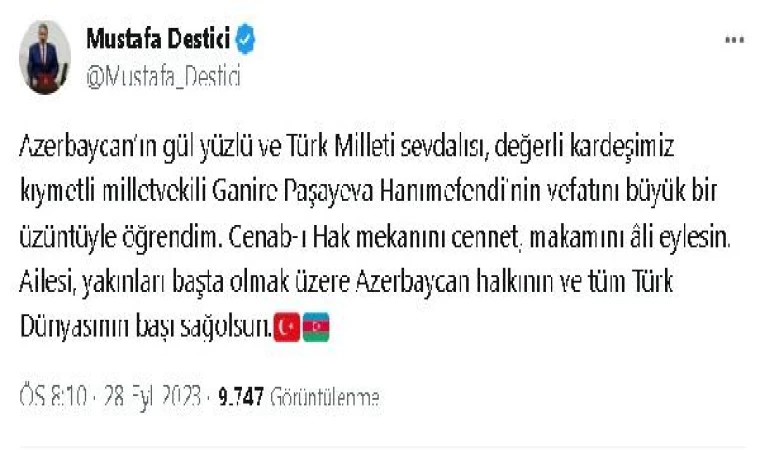 Destici’den, Azerbaycanlı milletvekili Paşayeva için taziye mesajı