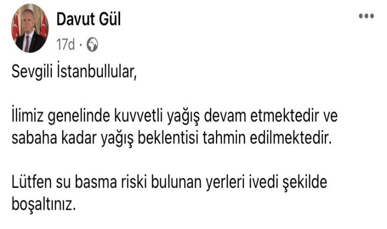 İstanbul Valisi Gülden kuvvetli yağış uyarısı: Su basma riski bulunan yerleri ivedi şekilde boşaltınız